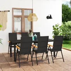 vidaXL 7-tlg. Garten-Essgruppe Schwarz und Braun - Gartenmöbel-Set mit 6 verstellbaren Stühlen und stabiler Glastischplatte, ideal für Terrasse und Garten. Witterungsbeständig dank PE-Rattan und Aluminiumgestell.
