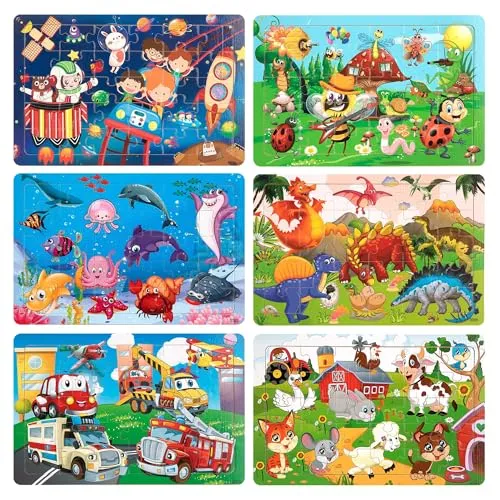 Holzpuzzle Kinder, 6 Stück 30-Teilige Puzzle Tiermuster Pädagogisches Holzspielzeug Montessori Lernspielzeug Steckpuzzle Geschenk für Jungen und Mädchen ab 3 4 5 6 Jahren