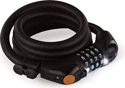 Produktbild Prophete Zahlen-Spiralkabelschloss Schwarz 150 cm – 4-Zahlen-Kombination mit LED-Beleuchtung, Frei kodierbar, Halter für Rahmenrohr, Ø 12 mm