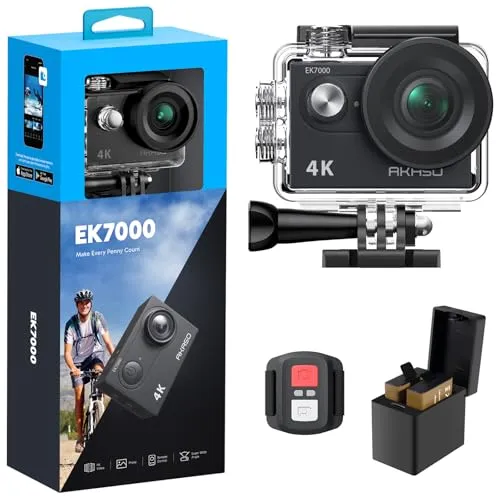 AKASO EK7000 Action Cam 4K - 4K Action-Cam mit 170° Ultra-Weitwinkel und wasserdichtem Gehäuse (IP68) für Unterwasseraufnahmen bis 30m. Inklusive 2 Akkus für doppelte Aufnahmezeit und 19-teiligem Zubehörset.