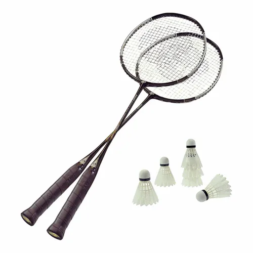 Badminton Set 2 Schläger 6 Bälle - Exklusiv für Fortgeschrittene - Badminton-Set mit 2 hochwertigen Schlägern (66 cm) und 6 langlebigen Federbällen, ideal für fortgeschrittene Spieler und Profis. Aluminium-Rahmen und Graphit-Schaft sorgen für optimale Leistung.