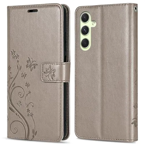 betterfon Hülle Kompatibel mit Samsung Galaxy A54 5G | Premium PU Leder Handyhülle Wallet Case für Galaxy A54 5G | Schutzhülle Blumen Klapphülle Handyhülle | Grau