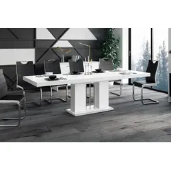 Design Esstisch HLE-111 Hochglanz ausziehbar 160-256 cm - Weiß - Praktischer Esstisch mit synchronem Auszugssystem, ideal für gesellige Abende. Hochglänzende Oberfläche und elegantes Design machen ihn zum Blickfang in jedem Esszimmer.