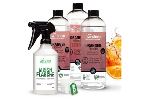 bio-chem Orangenreiniger 3x 0.75 l + 0.5 l Handspray-Mischflasche - Allzweckreiniger mit natürlichem Orangenduft, entfernt mühelos hartnäckige Flecken und Schmutz, ideal für alle abwaschbaren Oberflächen. Ergiebig, bis zu 750 L Reinigungslösung!