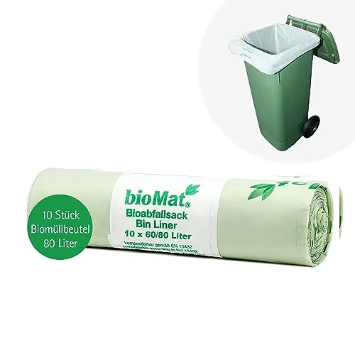 bioMat Kompostierbare 80l Müllsäcke, 10 Biomüllbeutel für Biotonne, Restmülltonne, Premium-Qualität, Klimaneutral, Made in Germany
