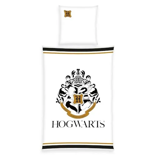 Harry Potter Bettwäsche weiß in 135x200 80x80 cm · Kinderbettwäsche aus 100% Baumwolle mit Reißverschluss · Bettwäsche mit Hogwarts Wappen und gemusterter Wendeseite