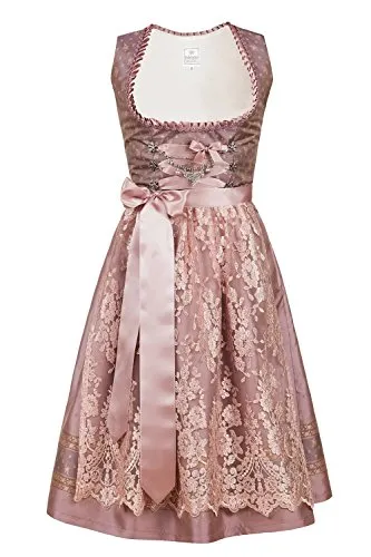 Edelnice Dirndl Madeleine - Exklusives Designer Midi in Rosa - Elegantes Midi Dirndl für Damen, inklusive Spitzen Dirndlschürze und Charivari. Perfekte Kombination aus gold-rosé und hell-lila Brokatstoff für einen Prinzessinnen-Look.