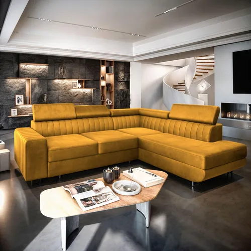 Masseno Ecksofa NOLA R-S mit Schlaffunktion - Gelb, MONOLITH 48 - Ecksofa mit Schlaffunktion und praktischem Bettkasten, ideal für kleine Wohnungen und Gästeübernachtungen. Hochwertige Verarbeitung für unvergesslichen Komfort und elegantes Design.