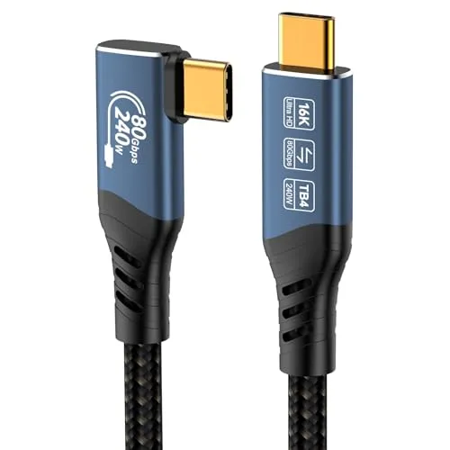 PremiumCord USB4™ Version 2 Verbindungskabel, Thunderbolt 4, 16K@60Hz, Datenkabel UltraSpeed bis zu 80Gbit/s, E-Marker, Gebogener USB Typ C Stecker, Schnellladung bis zu 240W, Farbe Blau, Länge 0,8m