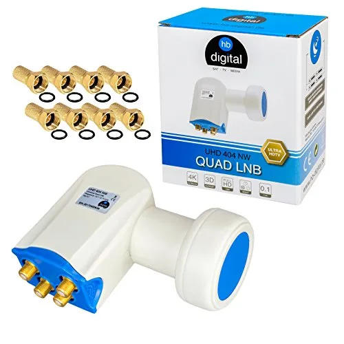 HB-Digital Quad LNB LNC 4 Teilnehmer Direkt Full HD TV 3D 4K Weiß Weiss White + Kontakte Vergoldet + Wetterschutz (Ausziehbar) im Set mit 8 F-Stecker Vergoldet Gratis Dazu