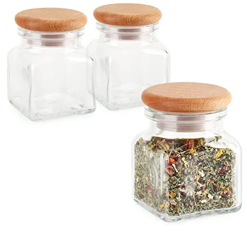 com-four® 3x Gewürzgläser - Aufbewahrungsdose mit Holzdeckel und Dichtungsring - Glasgefäß für Tee, Kräuter und Gewürze - Behälter für die Küche (120ml - 3 Stück)