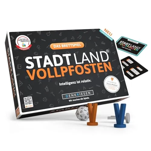 DENKRIESEN - STADT LAND VOLLPFOSTEN® Brettspiel mit Junior Erweiterung - Gesellschaftsspiel für unvergessliche Spieleabende mit über 700 kreativen Kategorien. Der innovative Buchstabenwürfel sorgt dafür, dass Schummler keine Chance haben!