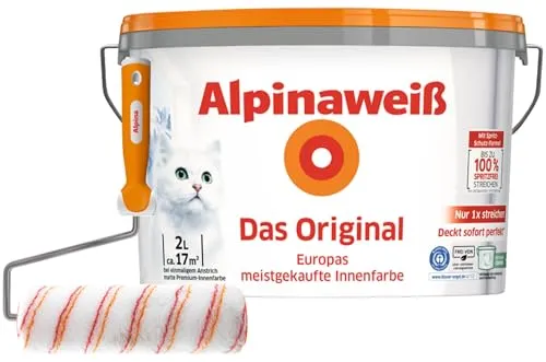 Alpina Wandfarbe SET - Alpinaweiß Das Original mit Spritz-Schutz Spezialroller - Farben: EUROPAS MEISTGEKAUFTE WEISSE INNENFARBE, jetzt im ressourcenschonenden Recycling-Gebinde für nachhaltiges Streichen und bis zu 100% spritzfreies Ergebnis.
