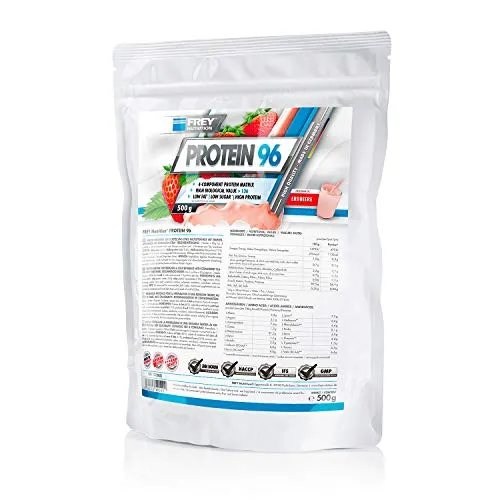 Frey Nutrition Protein 96 Erdbeere 500g - Sportnahrung mit hohem Caseinanteil, perfekt für Muskelaufbau und Regeneration. Ideal auf Milch- oder Wasserbasis, hergestellt in Deutschland.