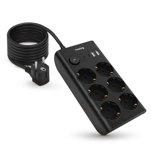 Huslog Steckdosenleiste 6-Fach mit USB – Mehrfachsteckdose mit 4 USB Ports (2× USB-A, 2× USB-C), Überspannungsschutz, 3680W, 1,5m Kabel, Schuko, flaches Design, Schwarz