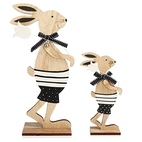 com-four® 2X Deko Aufsteller für Ostern - Großer und Kleiner Osterhase mit Blume - Osterdeko zum Hinstellen - Osterdekoration aus Holz (2 Stück - braun/weiß)