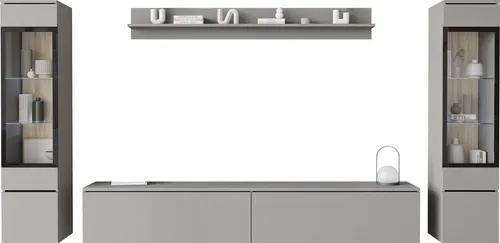 Mirjan24 Wohnwand Doppo II - Griffloses Design für Ihr Zuhause - Elegante Wohnwand Doppo II aus gehärtetem Glas, vielseitig aufstellbar oder hängend. Ideal für modernes Wohnen mit optionaler LED-Beleuchtung.