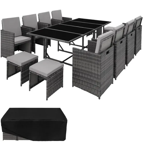 tectake Sitzgruppe Rattan Sitzgruppe, 12-tlg, platzsparend - Sitzgruppen für Garten und Balkon, platzsparendes Würfelsystem mit abnehmbaren, wasserabweisenden Bezügen für mühelose Reinigung.