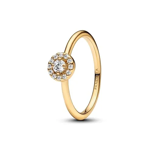 Pandora Solitärring Runder Pavé Heiligenschein Goldfarben - Eleganter Ring aus goldfarbenem Material mit funkelndem Zirkonia-Pavé, perfekt für besondere Anlässe oder als stilvolles Accessoire im Alltag.