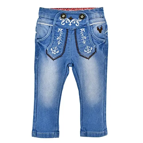 BONDI Babyhose Trachten-Jeans Blue Denim - Jungen-Jeanshosen aus leicht elastischem Baumwollmaterial, mit verstellbarem Latz für einfaches An- und Ausziehen sowie schönen Trachtenknöpfen und Stickereien.