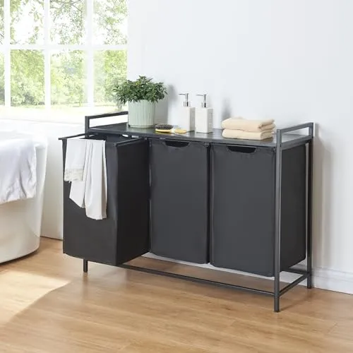 [en.casa] Wäschesammler Saltvik - 3 Fächer Wäschekorb mit Ablage - Wäschekörbe mit 3 herausziehbaren Fächern, ideal zur effizienten Wäschesortierung. Großes Fassungsvermögen von 45 Litern pro Fach, perfekt für Haushalte mit viel Wäsche.