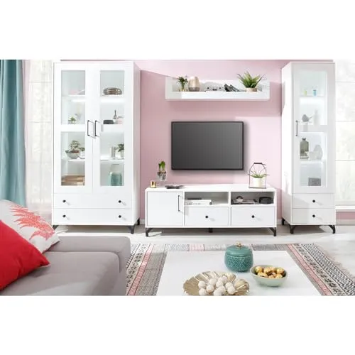 Lomadox Wohnwand TV-Wand Mediawand Anbauwand weiß Glanz mit Beleuchtung Vitrinenschrank Lowboard Wandboard Vitrine Couchtisch