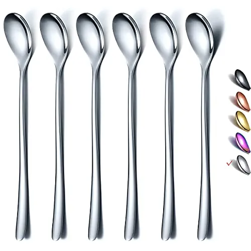 HOMQUEN Löffel Mit Langem Griff, Kaffeerührer, Premium-Edelstahl-Kaffeelöffel, Eisteelöffel, Eislöffel, Cocktail-Rührlöffel, Teelöffel, 6Er-Set (Silber)