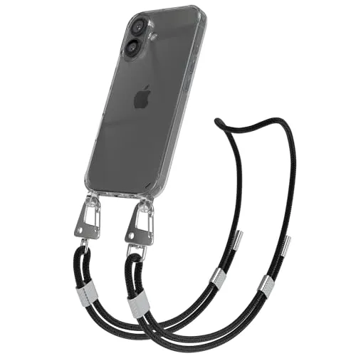 EAZY CASE - Handykette mit Karabiner kompatibel mit iPhone 16 - Hülle Silikonhülle Fallschutz transparente Handyhülle Kette zum Umhängen Schutzhülle in Schwarz - Clips Silber
