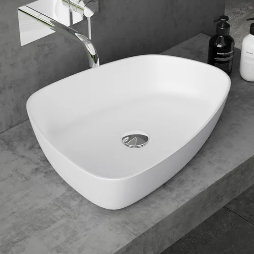 doporro Aufsatzwaschbecken Weiß matt 51x38cm - Elegantes Aufsatzwaschbecken aus hochwertigem Gussmarmor, leicht zu reinigen und mit optionaler Nano-Versiegelung für optimale Hygiene. Ideal für eine stilvolle Badgestaltung.