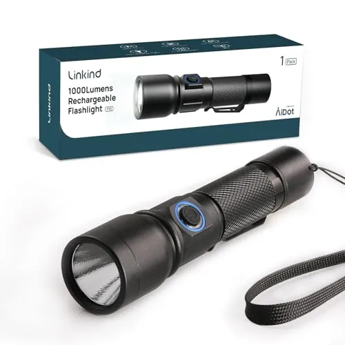 Linkind Taschenlampe LED wiederaufladbar, 7 Modi mit Taktischer Bedienung, 15000 LUX Alu-Handlampe mit Seitenclip & Trageband, USB-C, Speicherfunktion, IP44 für Camping, Notfall, Reparatur