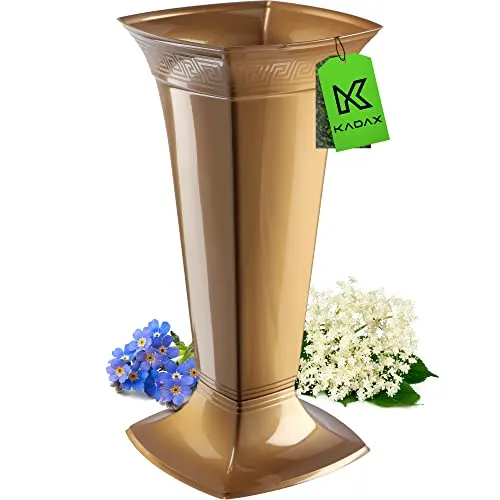 KADAX Grabvase mit Sockel, Friedhofsvase aus Kunststoff, Blumenvase für Grabstein, Grabdekoration, Grabschmuck, Grabsteckvase, Standvase für das Grab (Gold/Hoch)