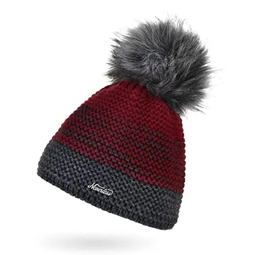 Neverless® Damen Mütze gefüttert Fleece-Innenfutter Fell-Bommel Kunstfell Wintermütze Bommelmütze Grobstrick Mehrfarbig dunkelgrau-Bordeaux Unisize
