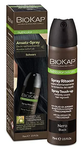 BIOKAP Touch Up Ansatz Spray 75ml | SCHWARZ | Grauen Ansatz kaschieren in 1 Sekunde | hält bis zur nächsten Haarwäsche | Bio Arganöl - TricoREPAIR Komplex
