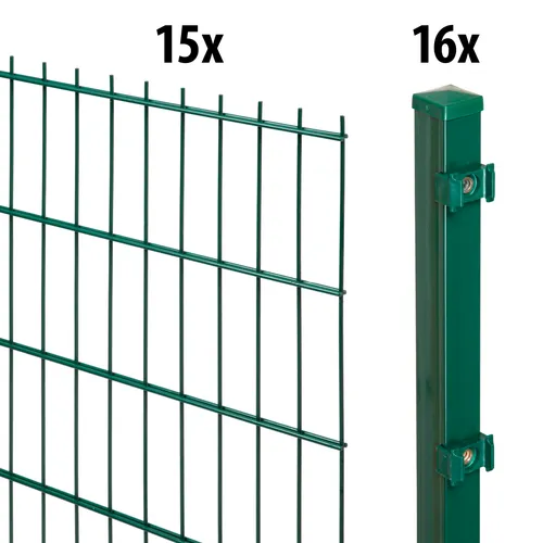 GARDEN 'N' MORE Doppelstabmattenzaun Standard, 30 m - Gartenzäune aus robustem Stahl, 15 Elemente und 16 Pfosten in grün, ideal für sicheren Sichtschutz und Einfriedung Ihres Gartens.