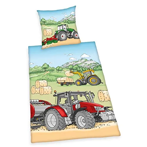 Herding Young Collection Bettwäsche-Set Traktor Wendemotiv - Bettwaren-Set für Kinder mit atmungsaktiver Baumwolle und kreativem Traktor-Wendemotiv. Pflegeleicht und waschbar bei 60°C, ideal für einen fröhlichen Schlafplatz.