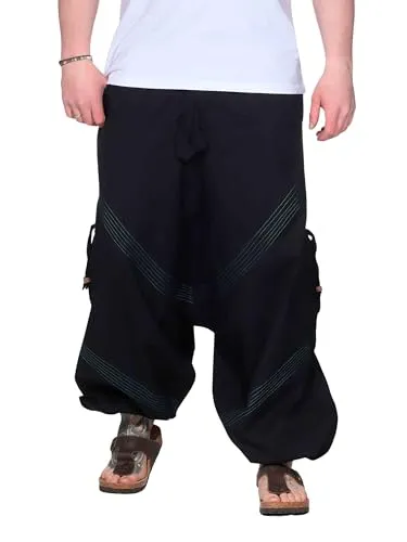 Kunst und Magie Herren Goa Haremshose in Schwarz/Petrol, Größe S/M - Bequeme Herren Haremshose aus 100 % Baumwolle mit dehnbarem Bund und Kordelzug. Praktisch mit 2 Hosentaschen und Ziernähten, ideal für lässige Outfits. Fair produziert in Nepal.