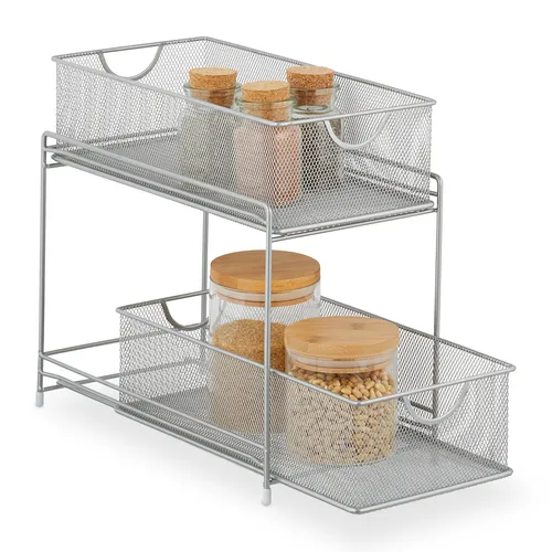 Relaxdays Küchen Etagenregal mit 2 Ausziehkörben - Organizer für Zuhause: Praktisches Metallregal mit modernem Mesh-Design bringt Ordnung in Küche und Bad - Ideal für Schränke und Waschbeckenunterschränke.