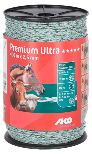 Weidezaunlitze Premium Ultra 400m - Weidezaunlitze mit 6 Niro- und 3 Kupferleitern für höchste Leitfähigkeit und Biegefestigkeit, ideal für lange Zaunlängen bis 25.000 m.