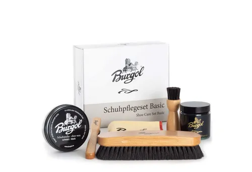 Burgol Schuhpflegeset Basic mit Schuhpomade und Wachs - Hochwertiges Schuhpflegeset für Glattlederschuhe, inklusive Rosshaarbürsten und Schuhwachs für optimalen Schutz und Pflege.
