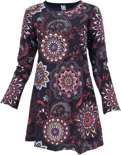 Guru-Shop Besticktes Boho Chic Midikleid - Elegantes Midikleid im Boho-Stil mit floralen Stickereien und langen Ärmeln. Aus 100% Baumwolle für hohen Tragekomfort. Ideal für Alltag und besondere Anlässe.