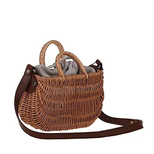 e-wicker24 Alles aus Weide Korbtasche aus Weide geflochten Flechttasche mit dem Tragegurt aus Leder Damentasche aus Korbgeflecht Schultertasche Strandtasche