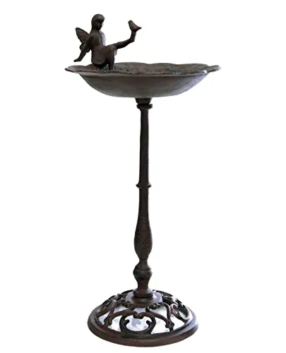 Spetebo Vogeltränke ELFE antik braun aus Gusseisen - 51 cm - Wildvogeltränke mit märchenhafter Elfenfigur, aus robustem Gusseisen in antikbraun. Ideal für Garten-Deko und die Versorgung von Vögeln.