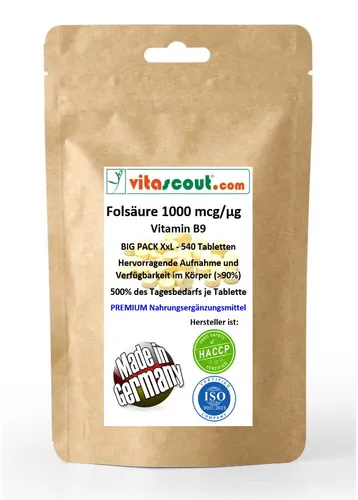 Folsäure 540 Tabletten a 1000mcg - Folic Acid - Vitamin B9 - 500% d Tagesbedarfs