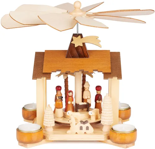 BRUBAKER Weihnachtspyramide aus Holz - Krippenspiel mit Jesus, Maria & Josef - Weihnachtlicher Zierschmuck, handgefertigte Holzpyramide mit liebevoll gestalteten Figuren für festliche Stimmung und ein warmes Lichtspiel.