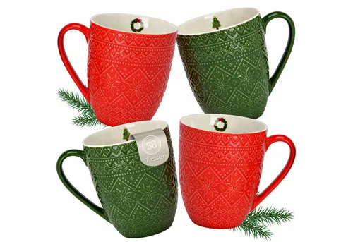 matches21 HOME & HOBBY Tasse Kaffeetassen 36er Karton Rot & Grün mit Winter Design, 36-tlg., Porzellan, Jumbo Weihnachts-Tassen aus Porzellan 410 ml