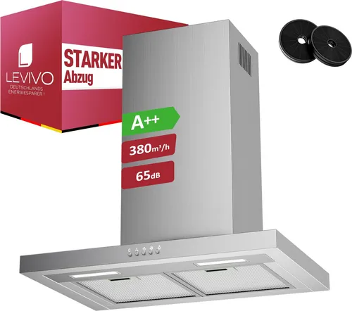 LEVIVO A++ Dunstabzugshaube 60cm mit 380 m³/h - Effiziente Dunstabzugshaube für kleine bis mittelgroße Küchen. Mit 2 Aktivkohlefiltern und 3 Leistungsstufen sorgt sie für frische Luft und hat einen geringen Stromverbrauch von nur 11,5 kWh/Jahr.