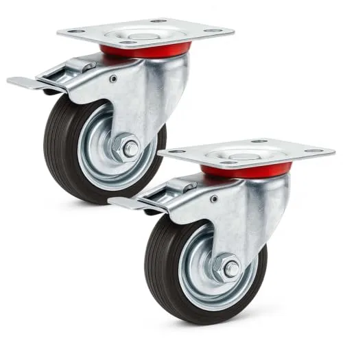 Wiltec Doppelstopp-Lenkrollen Set 2x Vollgummirad Transportrolle 75mm bis 50kg pro Rad mit Feststellbremse und Anbauplatte, leiser Lauf, Transportrollen Möbelrollen