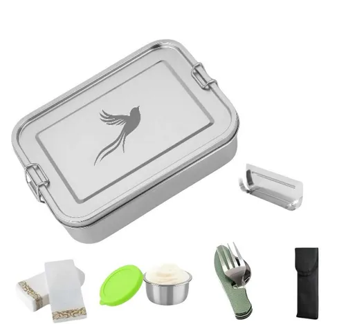 Little Lorien Lunchbox Brotdose Edelstahl 1200ml, 2 Fächer, Besteck, Trennwand & Servietten, Edelstahl, (5-tlg., 1 Brotdose, 1 Trenner, 1 Campingbesteck, 10 Papierservietten, 1 Sauce-Dose), Wiederverwendbar,auslaufsicher,Campingbesteck,Edelstahl,leicht,rubust