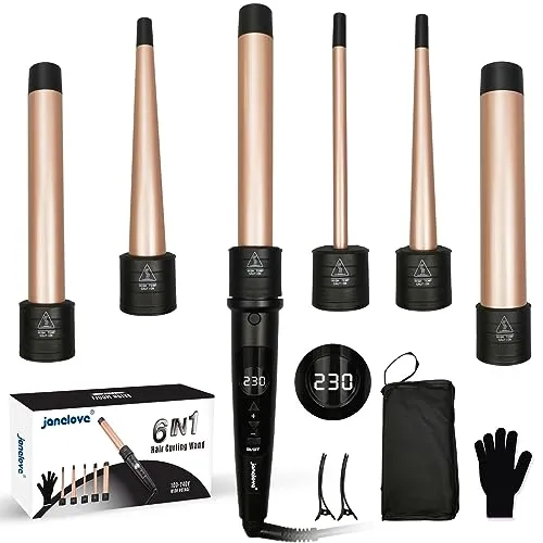 janelove 6 in 1 Lockenstab - 9-32mm für große und kleine Locken - Lockenstäbe mit 6 verschiedenen Aufsätzen, einstellbare Temperatur von 80°C-230°C und Turmalin-Keramik-Technologie für gesundes, glänzendes Haar. Ideal für alle Haartypen und perfekt für Reisen.