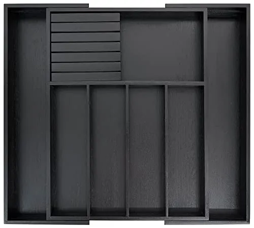 VaeFae Bambus-Besteck-Schubladen-Organizer Küche, erweiterbarer Utensilien-Organizer mit Messerblock, Besteckkasten mit Trennwand, multifunktionaler Schubladen-Organizer aus Holz (schwarz).